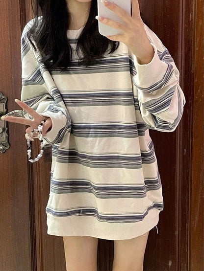 White Vintage Oversized Stripe Long Sleeve Sweatshirt