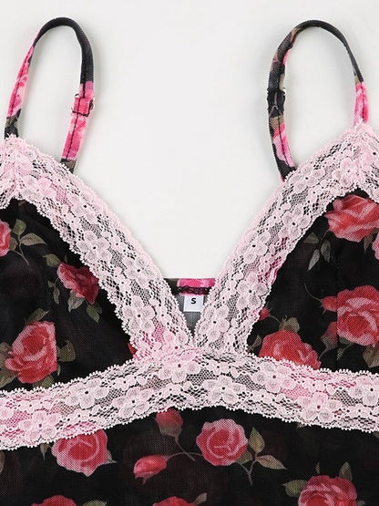 Haut caraco patchwork en dentelle imprimé roses françaises