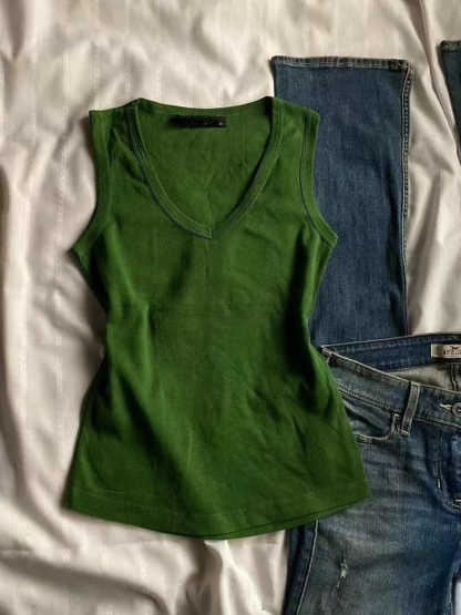 JY Groene Vintage V-hals Mouwloos Tanktopje