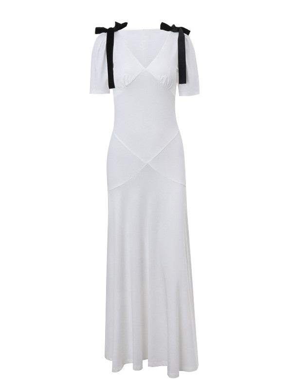 French V Neck Puff Sleeve Tie Bow Maxi Dress