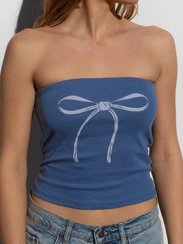 Blauwe Y2K bandeau-top met strikprint