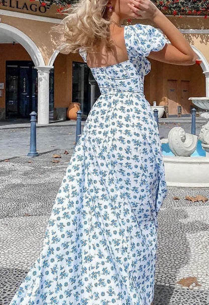 Robe longue florale bleue vintage à manches bouffantes