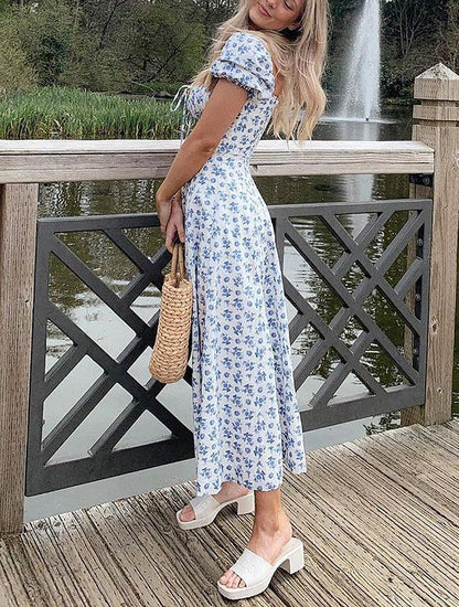 Blue Vintage Puff Sleeve Floral Maxi Dress