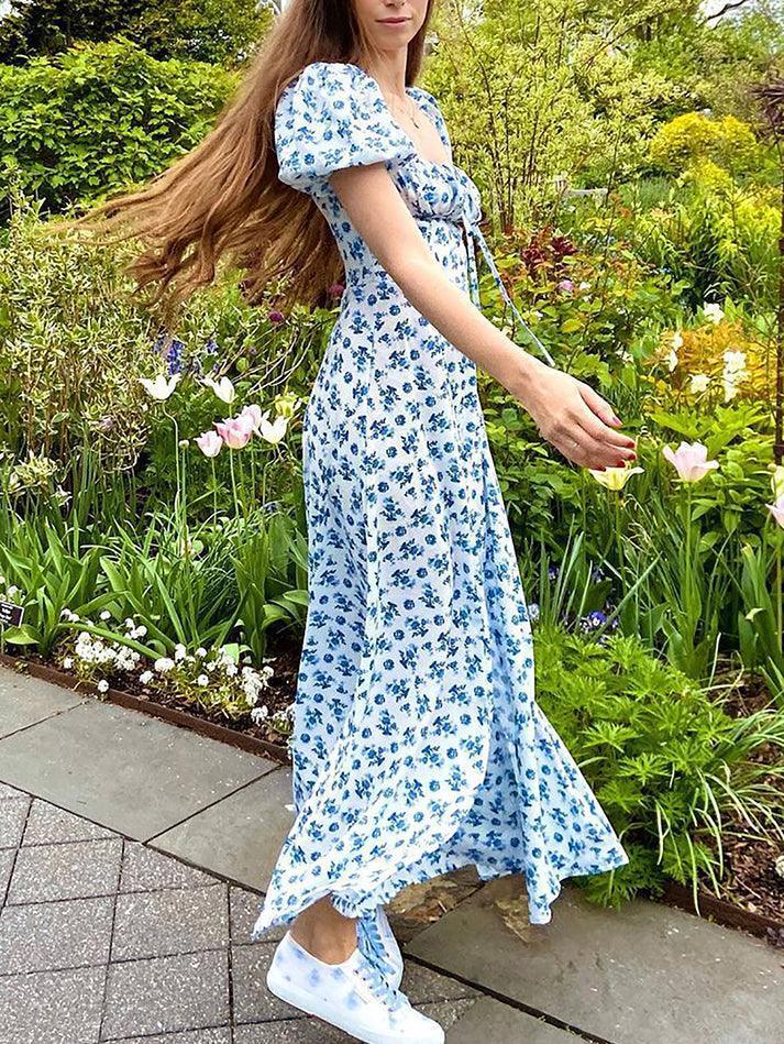 Blauwe vintage maxi-jurk met pofmouwen en bloemen