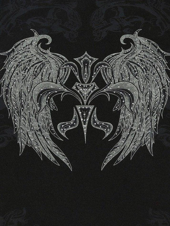 Black Grunge Rhinestone Decor Wing Printed Crop Top