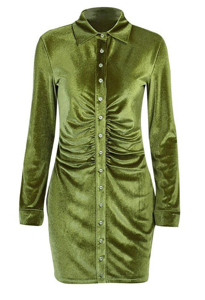 Green Vintage Ruched Velvet Shirt Mini Dress
