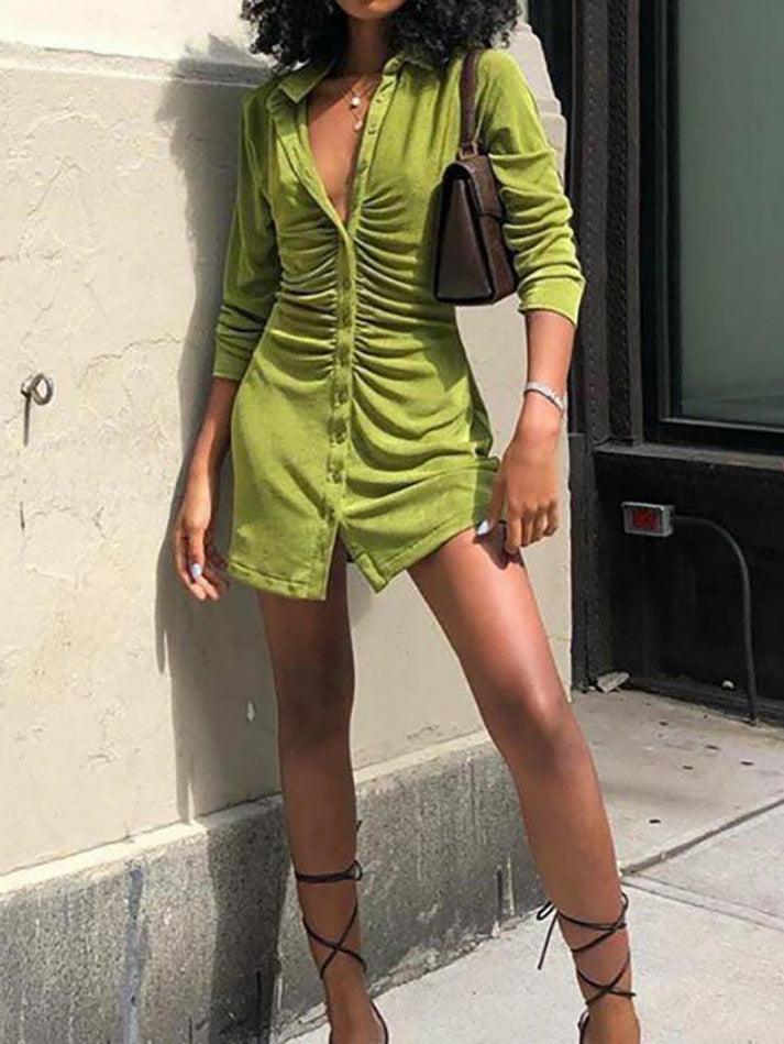 Green Vintage Ruched Velvet Shirt Mini Dress