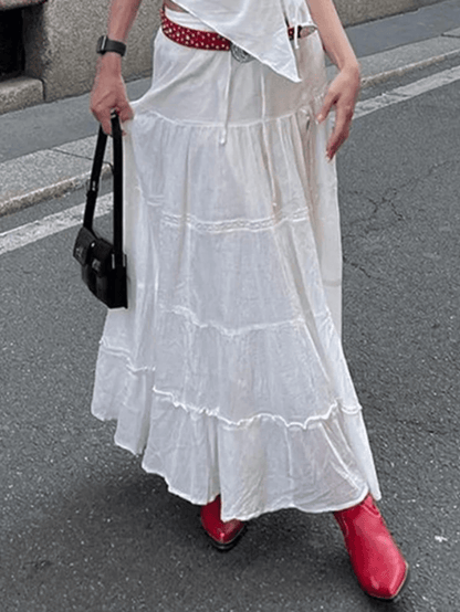 White Y2K Slit Layered Midi Skirt