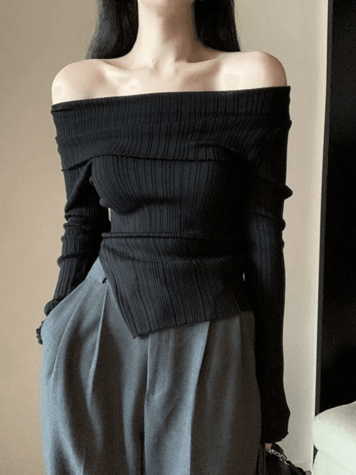 Off-shoulder geribbelde gebreide top met split