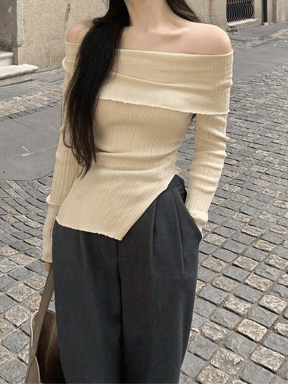 Off-shoulder geribbelde gebreide top met split