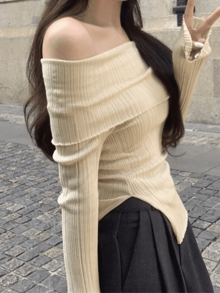 Off-shoulder geribbelde gebreide top met split