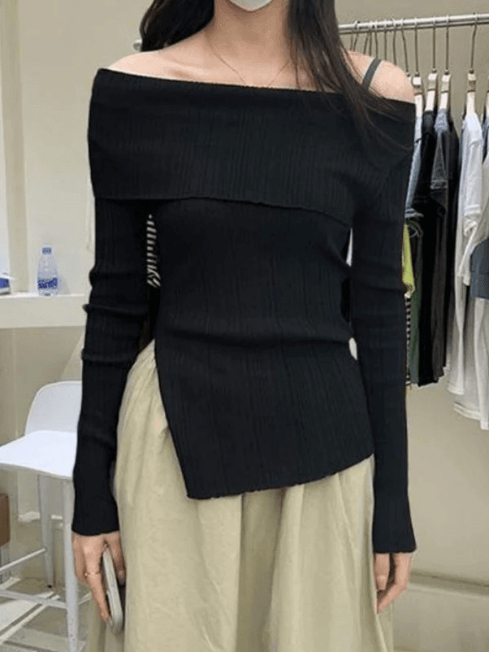 Off-shoulder geribbelde gebreide top met split