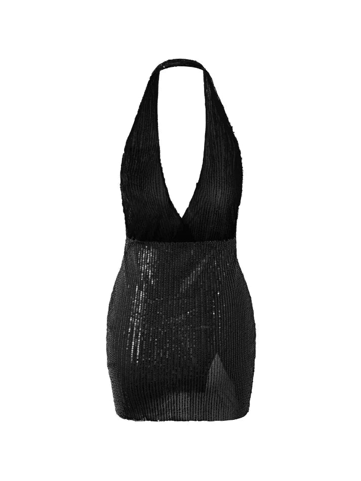 Black Vintage Split Sequin Halter Party Mini Dress