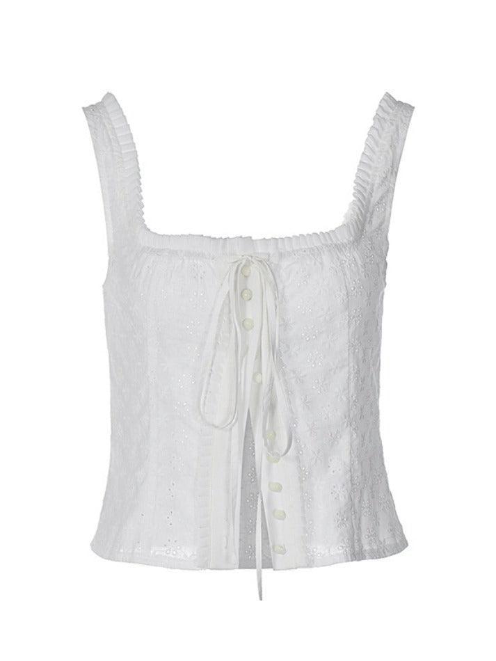 White Vintage Square Neck Embroidery Cutout Cami Top