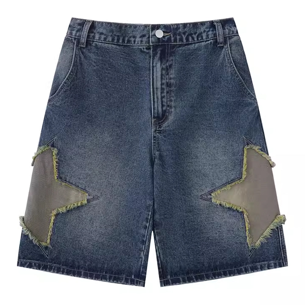 Y2k Star Patch Faded Effect Denim Shorts