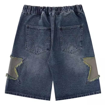 Y2k Star Patch Faded Effect Denim Shorts