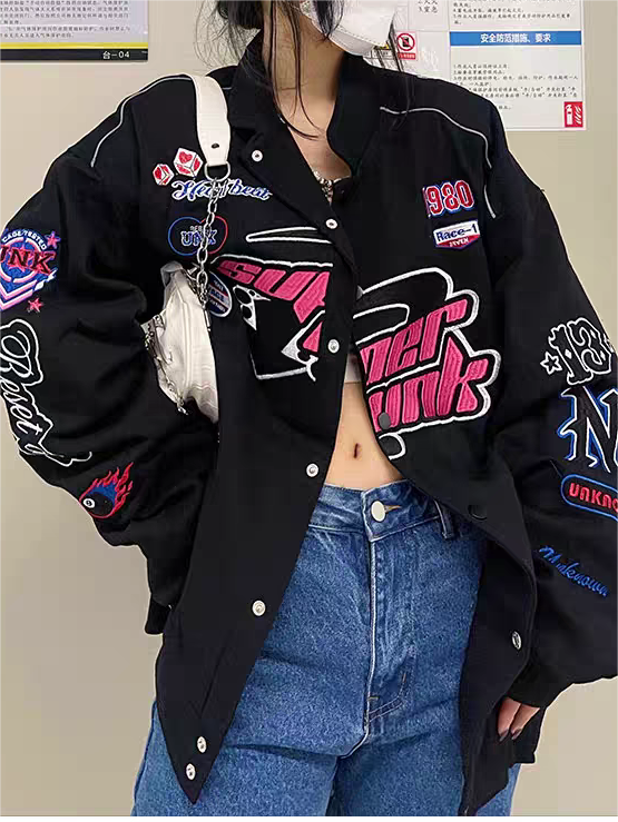 Black Vintage Motorcycle Bomber Jacket with Embroidery