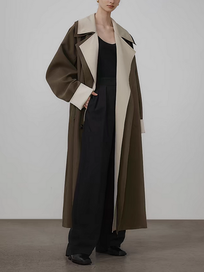 Contrast Lapel Faux Two-Piece Long Coat with Belt