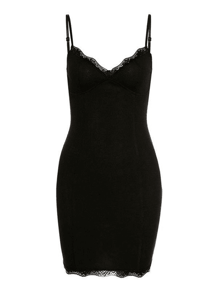 Zwarte vintage bodycon mini-jurk met V-hals en kanten rand