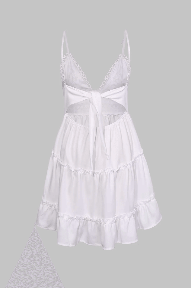 White French Lace V Neck Ruffle Hem Mini Dress