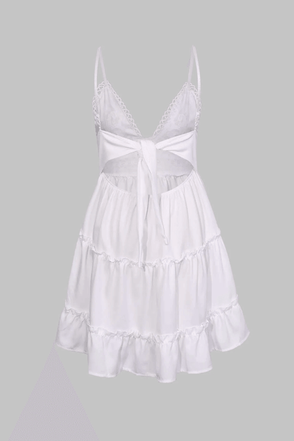 White French Lace V Neck Ruffle Hem Mini Dress