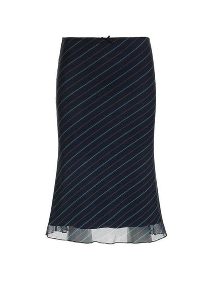 Black Vintage Double Layered Mesh Midi Skirt with Stripe