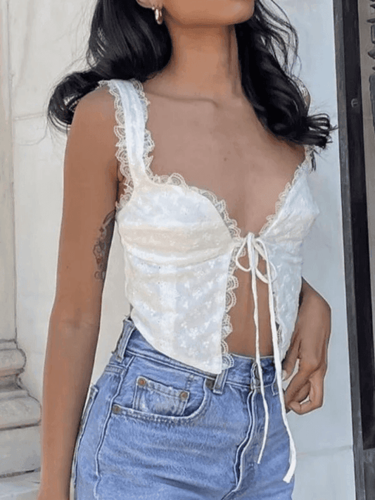 White Tie Front Lace Cropped Tank Top