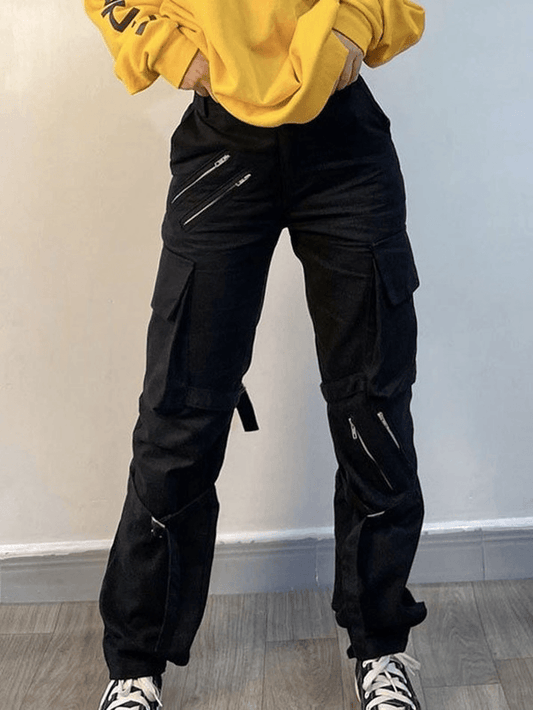 Black Hip Hop Zipper Strap Detail Cargo Pants