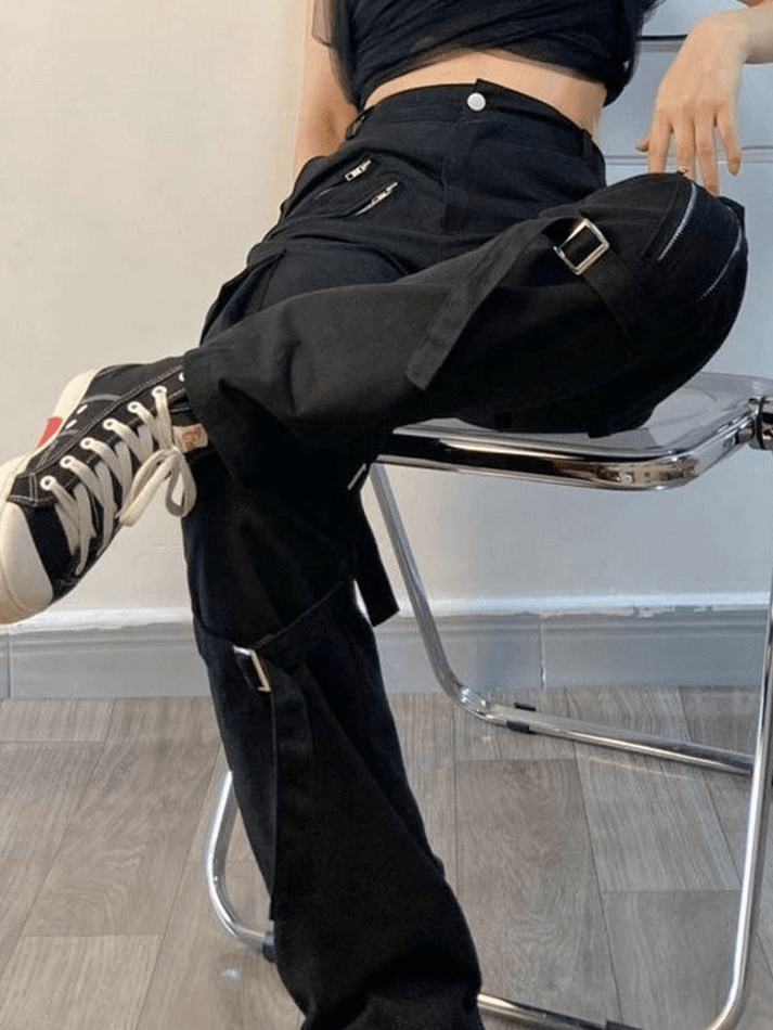 Black Hip Hop Zipper Strap Detail Cargo Pants