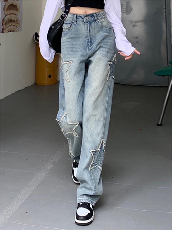 Washed Effect Vintage Boyfriend Jeans with Stars Patch – Razys.com