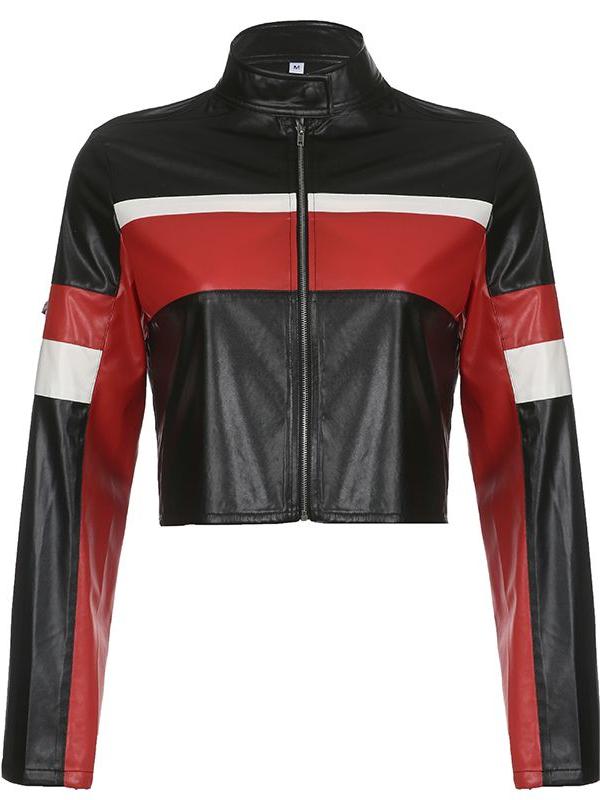 Blouson de moto court en cuir à rayures rouges