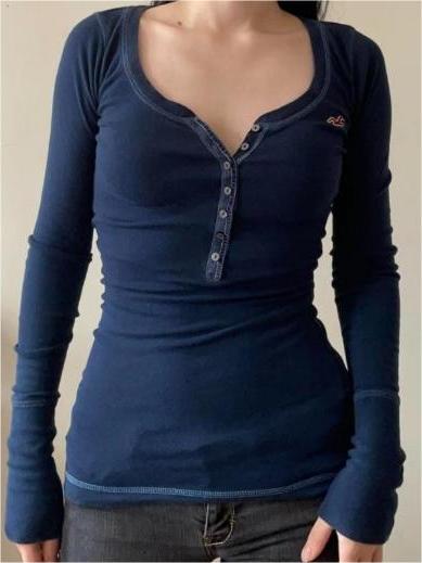 Vintage Navy Blue Long Sleeve Rib Top with V Neck