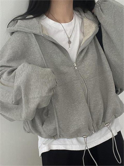 Sweat à capuche zippé surdimensionné gris vintage avec cordon de serrage