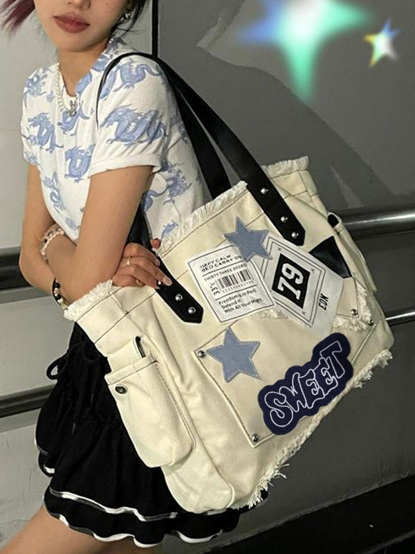 Y2K Large Sticker Canvas Bag with Star Patches