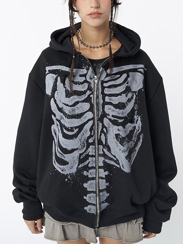 Vintage Black Oversized Hoodie with Skeleton Print