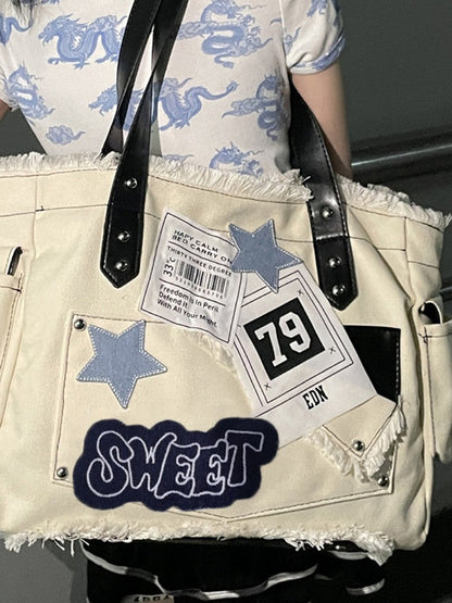 Y2K grote sticker canvas tas met sterpatches