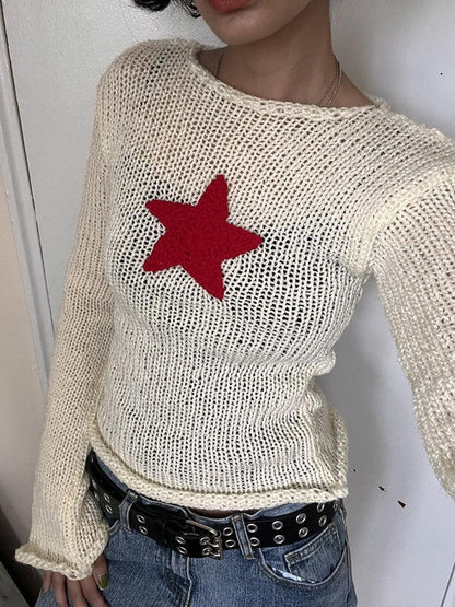 Witte vintage gebreide gehaakte crop top met sterpatch