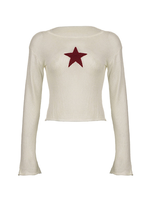 Witte vintage gebreide gehaakte crop top met sterpatch