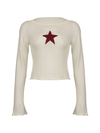 Witte vintage gebreide gehaakte crop top met sterpatch