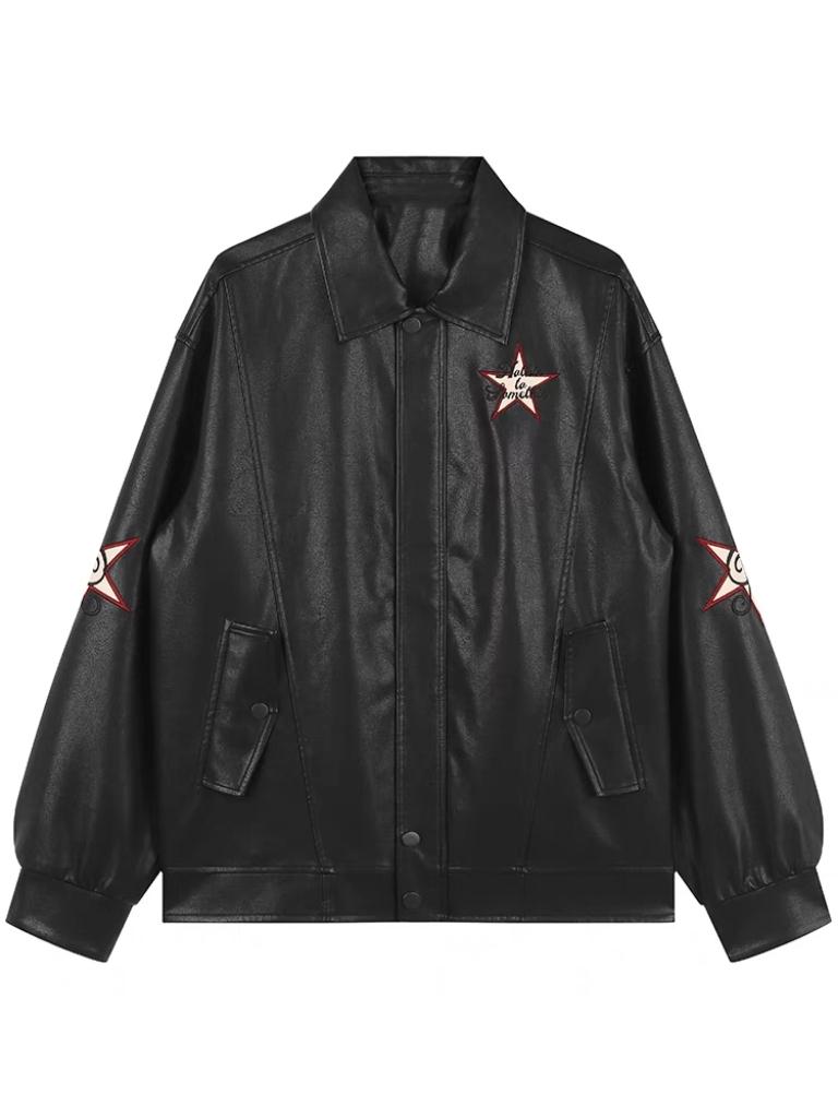 Black Leather Jacket with Lapel Collar and Embroidery