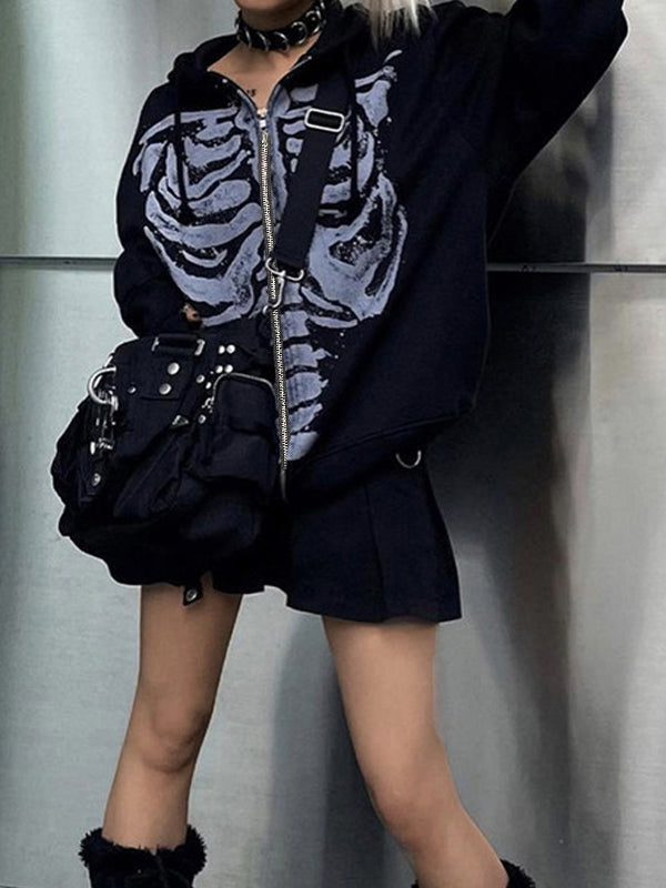 Vintage Black Oversized Hoodie with Skeleton Print