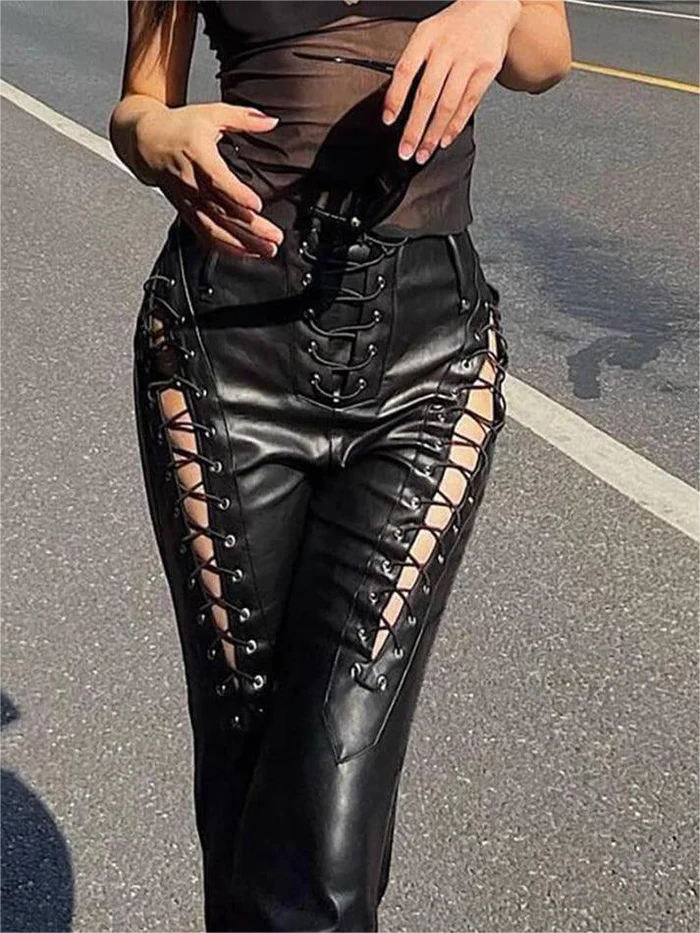Vintage Black PU Leather Pants with Cutout Detail