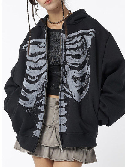 Vintage Black Oversized Hoodie with Skeleton Print