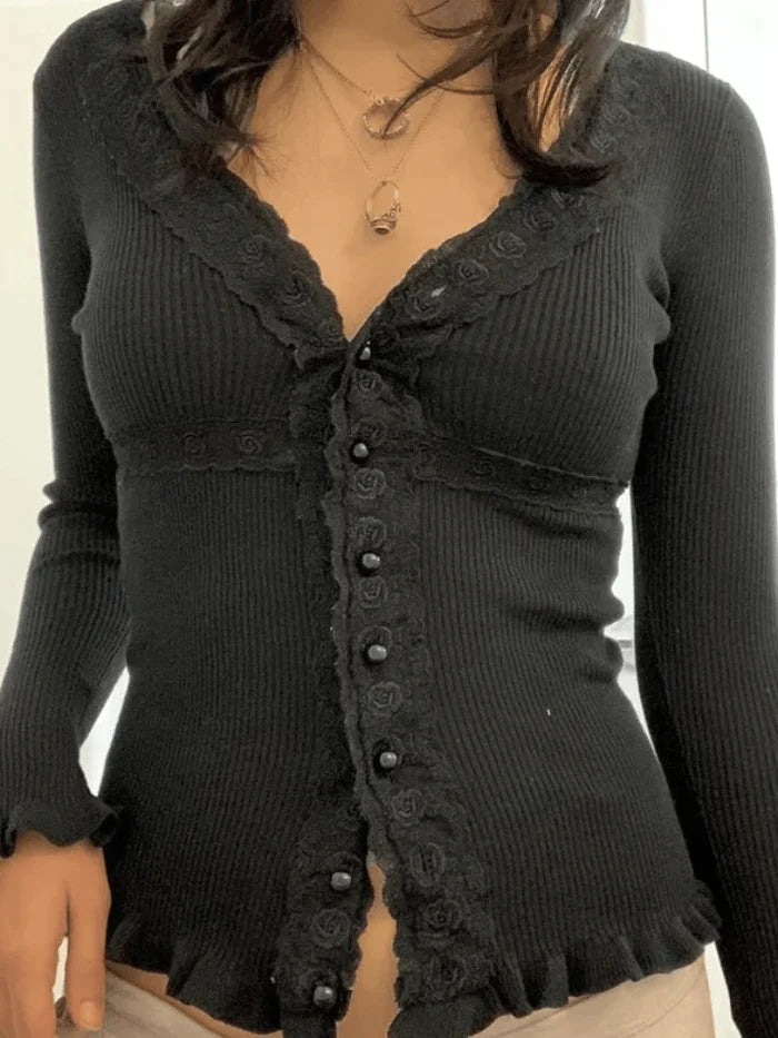 Vintage Black Front Buttons Knit Top with Lace Trim