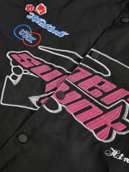 Black Vintage Motorcycle Bomber Jacket with Embroidery