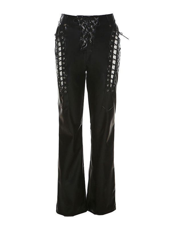 Pantalon vintage en cuir PU noir avec détail découpé