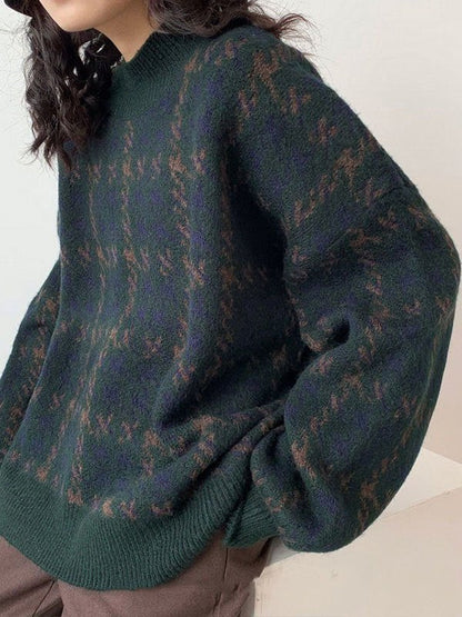 Green Vintage Knit Sweater with Plaid Pattern