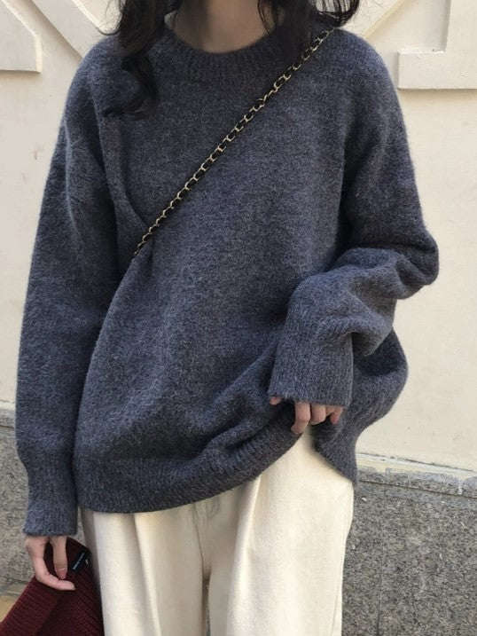 Vintage Solid Color Oversize Pullover with Crew Neck