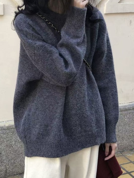 Vintage Solid Color Oversize Pullover with Crew Neck