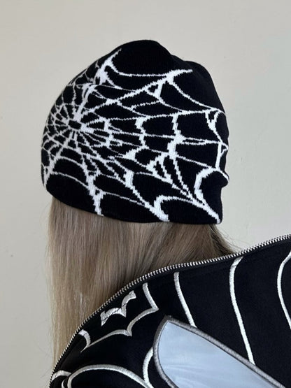 Punk Black Beanie Hat with Spiderweb Design